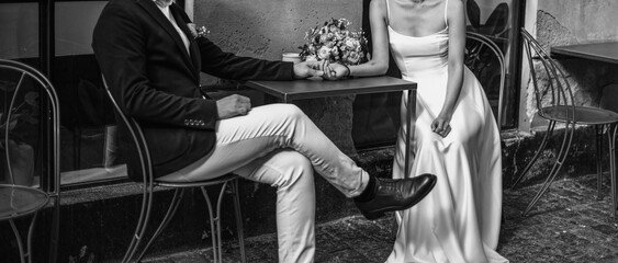 Wedding couple together, black and white - 615930819