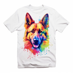 Illustration, AI generation. white t-shirt with colorful rainbow realistic dog head german shepherd, t-shirt design.