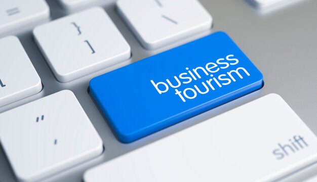 High Quality Render of a Computer Keyboard Key. The Button is Blue in Color and there is Text Business Tourism on It. White Keyboard with Business Tourism Blue Button. 3D.