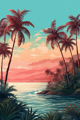 Fototapeta na wymiar Handpainted illustration of palm trees and sea in the backdrop. AI generative
