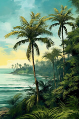 Fototapeta na wymiar Handpainted illustration of palm trees and sea in the backdrop. AI generative