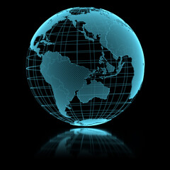 Blue shining transparent earth globe on black background. 3d illustration.