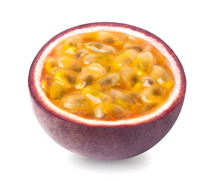 Isolated passion fruit - a half of passionfruit maracuya isolated on white background. Clipping path included.