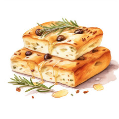 Focaccia in Wasserfarben Stil, ideal für Speisekarten und Restaurants, italienisches Essen, mediterran
