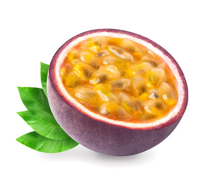 Isolated passion fruit with leaves - a half of passionfruit maracuya isolated on white background. Clipping path included.