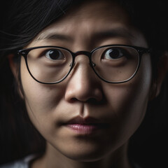 Portrait of a natural Asian woman wearing glasses isolated o a black background Generative Ai