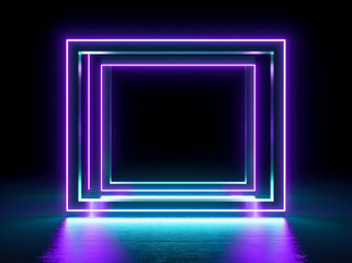 Neon rectangle frame with lights reflection on the floor's surface. on water, Geometric neon aesthetics, minimalist stage colorful designs.