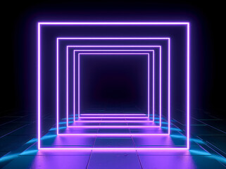 Fototapeta premium Neon rectangle frame with lights reflection on the floor's surface. on water, Geometric neon aesthetics, minimalist stage colorful designs.