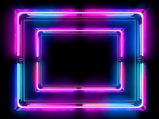 Neon rectangle frame with lights reflection on the floor's surface. on water, Geometric neon aesthetics, minimalist stage colorful designs.