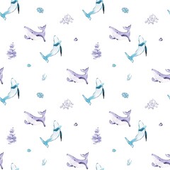 Sea whales pattern. White background watercolors. For decorating textiles, postcards, boxes, clothes, dresses, bed linen, tablecloths, any of your businesses.