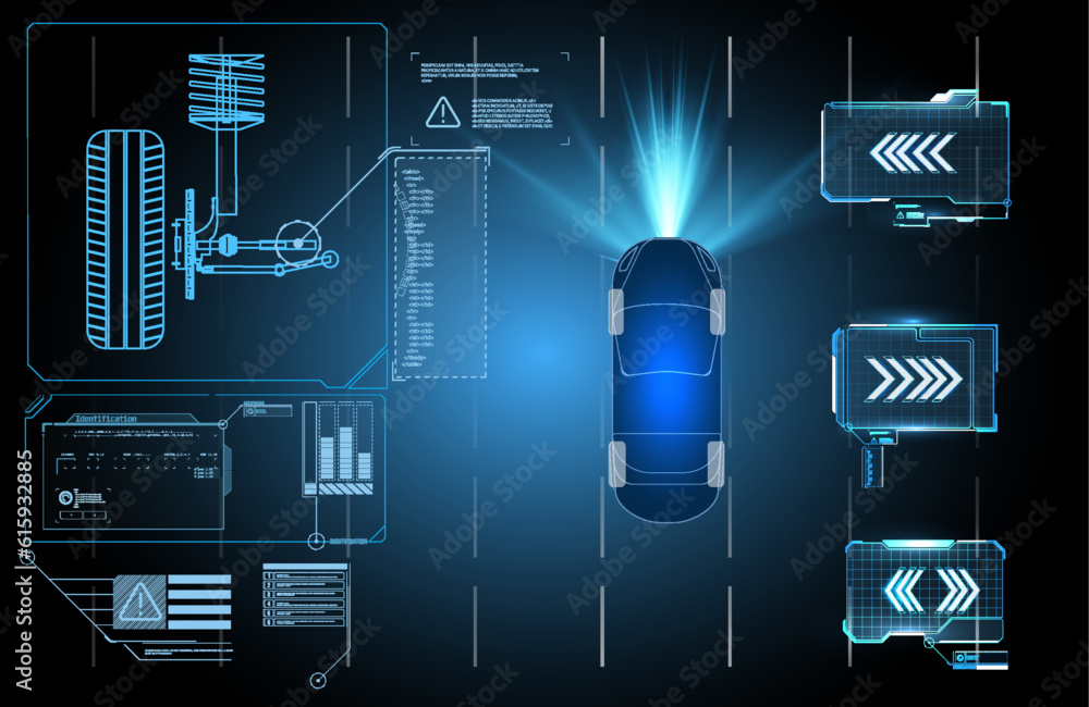 Poster driving suspension work control system without driver assistance. safe driving. vector futuristic ca