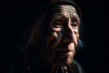 An old woman with wrinkles on her face isolated on a black background Generative Ai