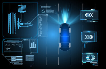 Driving suspension work control system without driver assistance. Safe driving. Vector Futuristic car user interface HUD UI Hologram of the car, scanning. Abstract virtual graphic touch user interface