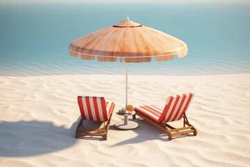 Beach umbrella with chairs inflatable ring on beach