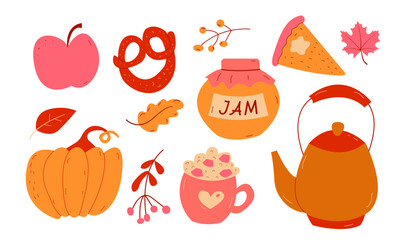 Autumn set, bundle of hand drawn clip arts of seasonal food and drinks, vector illustrations
