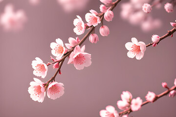 Close-up on a sakura tree branch with flowers on a pastel pink background. Generative AI.