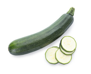 Slices of fresh green zucchini on white background