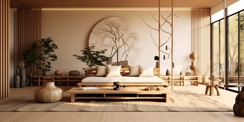AI Generated. AI Generative. Japan japandi style design home appartment living room interior indoor architecture minimal. Graphic Art