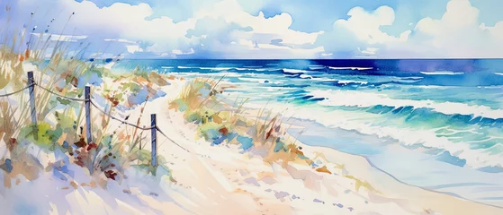 Foto op Plexiglas northern landscape with dune landscape and ocean, watercolor style © Claudia Nass