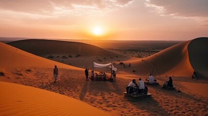 Traveler camp tent in the desert against the backdrop of dunes on sunset sun. AI generated. - obrazy, fototapety, plakaty