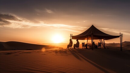Traveler camp tent in the desert against the backdrop of dunes on sunset sun. AI generated.