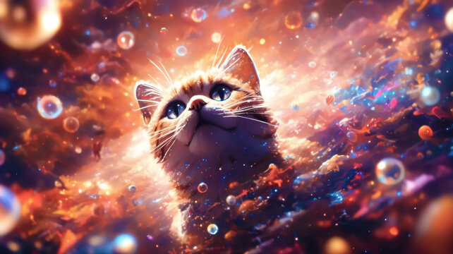 illustration of a cute cat in the outer space of a parallel world