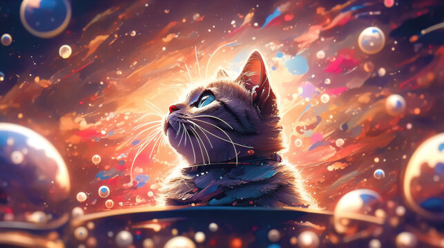 illustration of a cute cat in the outer space of a parallel world