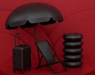 Beach rings, chair, umbrellas and lugagge on podium on monochrome background.