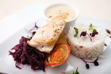 Chicken breast with mushroom sauce and rice