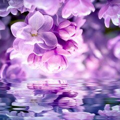 Fototapeta na wymiar Lilac flower blossom, water reflection, light. Greeting card template. Soft toned. Nature background