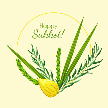 Sukkot greeting card. Feast of Tabernacles or Festival of Ingathering. Circle frame with leaves and lemon. Traditional symbols: etrog (citron), lulav (palm branch), hadas (myrtle), arava (willow)