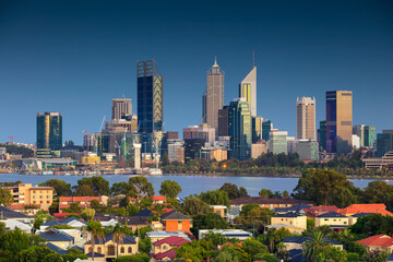 Fototapeta na wymiar Cityscape image of Perth skyline, Australia during during sunrise taken from South Perth.