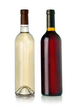 two bottles of red and white wine on a white background