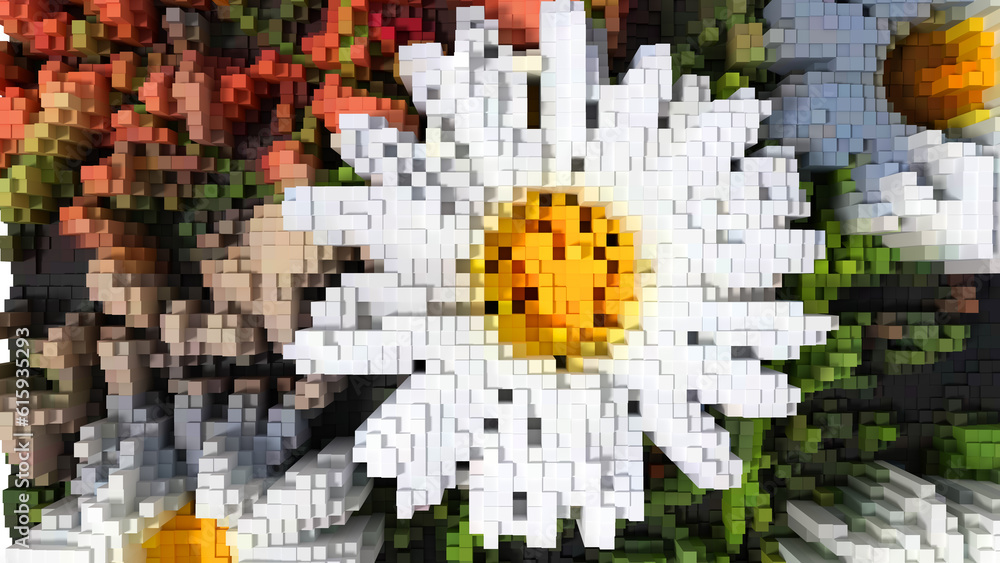 Poster abstract background of cubes of different colors with shadows in the form of a camomile flower. 3d i