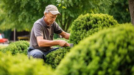 Naklejka na ściany i meble A professional landscaper trims hedges on the property. Generative AI