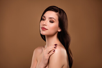 Photo of fancy pretty stunning lady touch shoulders feel happy soft skin after spa procedure pastel...