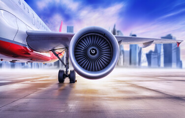 airplane in front of a big city skyline