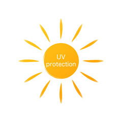 Yellow uv protection logo on white.Concept of simple badge for body care or treatment or decoration symbol for cosmetic oil or cream. Vector illustration.