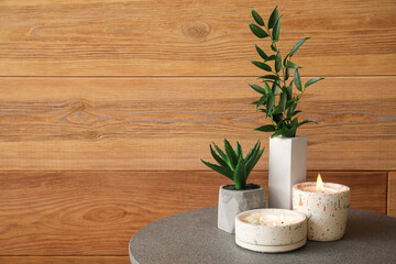 Houseplants and burning candles on table near wooden wall in room
