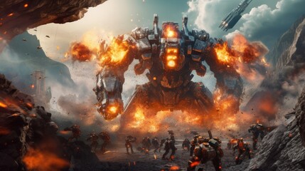 Fototapeta na wymiar Epic clash between colossal mechs in a war - torn landscape, with explosions and laser beams lighting up the scene