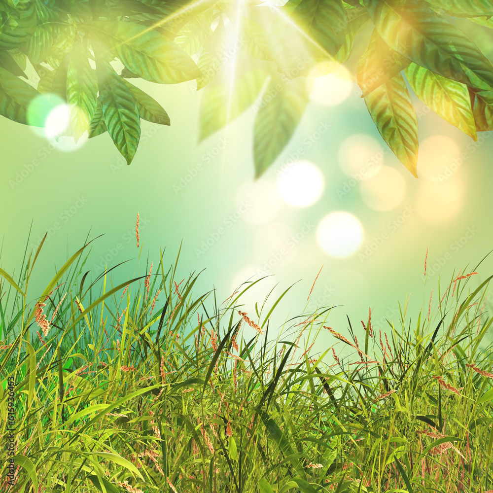 Aufkleber 3d render of leaves and grass on a bokeh lights background