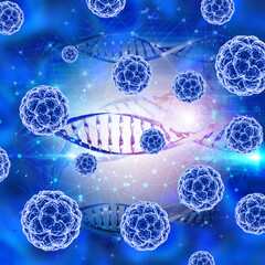 3D render of a medical background with abstract virus cells and DNA strands