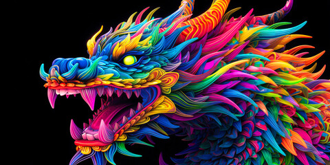Obraz na płótnie Canvas Colorful dragon, neon vibrant colors, blacklight, black background, fantasy.