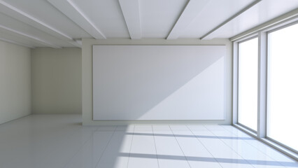 Blank white billboard in empty room with big windows, mock up for your design. 3D illustration