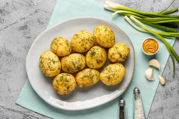 Plate of boiled baby potatoes with dill and mustard on grey background