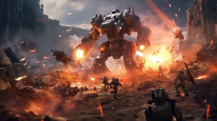 Epic clash between colossal mechs in a war - torn landscape, with explosions and laser beams lighting up the scene