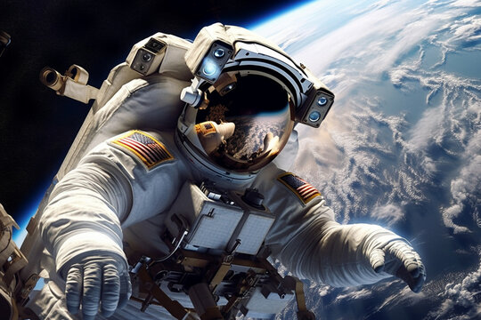 Astronaut at spacewalk, Earth orbit. Elements of this image furnished Generative AI
