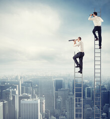 Business people on a ladder into the sky watching with binoculars . Concept of new opportunities