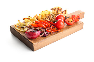 Wooden board with different tasty grilled vegetables on white background