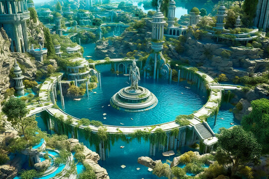 Fantasy ancient city landscape, stone ruins in the water, overgrown, Atlantis, coastal water island civilization, sci fi.